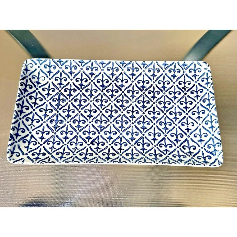 Sur la Table Fleur de Lis Rectangular Cobalt Blue & White Serving Platter Tray